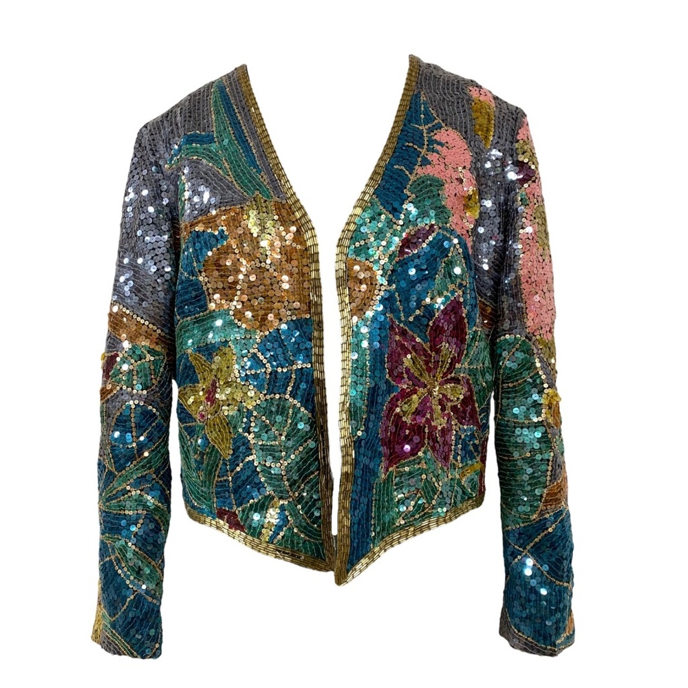 Vtg Vintage 1970s 1980s Designer Jack Bryan Flyaway Floral Sequin Jacket